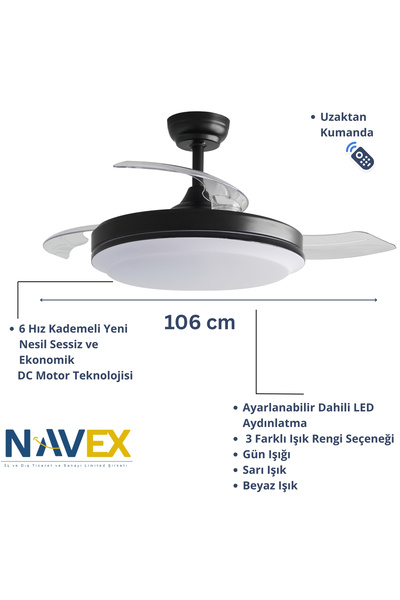 NAVEX Black Gizli Kanat Tavan Vantilatörü 106 cm
