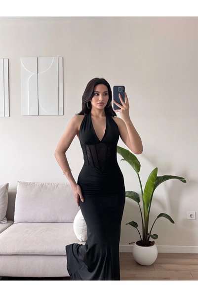 Zoom Butik Bel Korse Maxi Elbise - SİYAH