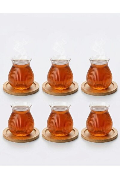 HÜCO BAZAAR 6'lı Çok Şık Borosilikat Bambu Bardak Altlıklı Çay Tabaklı Çay Ba...