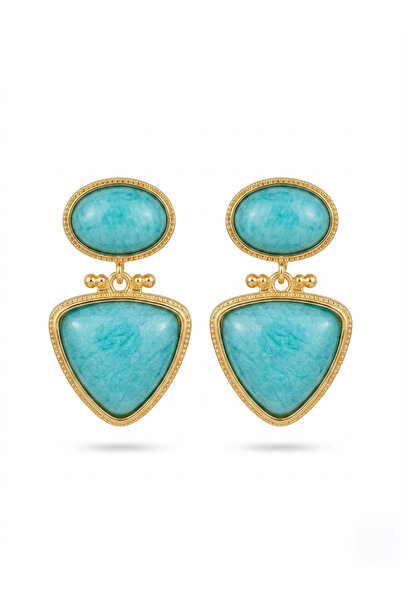 Pelin Aksesuar Turquoise Stone Oval and Triangle Design Pendant Earrings