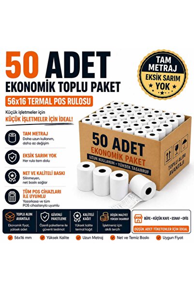 happysezon 56x16 Pos Rulosu 50 Adet - Birinci Kalite Termal Kağıt- Tam Metraj...