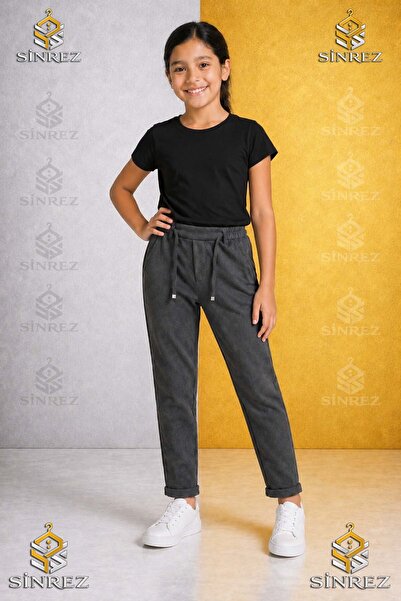 SİNREZ Pantaloni uni pentru fete 7.MDL, cu talie elastică, stil Lycra cu pici...