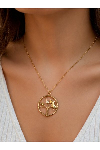 HER ŞEY NOTA www.herseynota.com Tree of Life Moon Star Detailed Gold Color Ne...