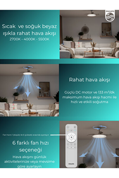 Philips Tynl Lambalı Tavan Vantilatörü Açılır Kapanır Pervaneli DC Motor