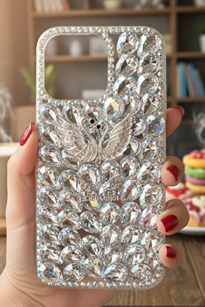 Nezih Case iPhone 14 Pro Max Uyumlu Parlak Taşlı Kamera Çerçeveli Kuğu Tasarı...