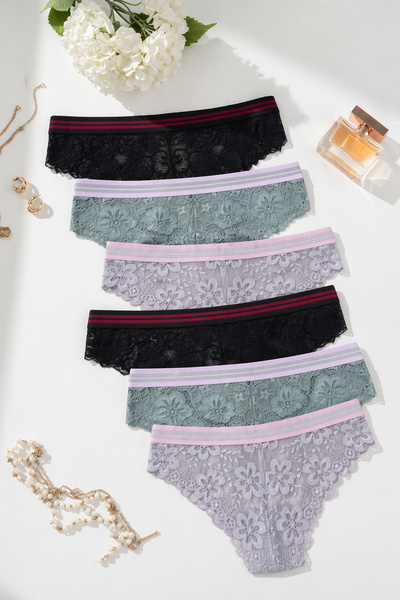 koza iç giyim Women's 6-Piece Striped Elastic Lace Panties