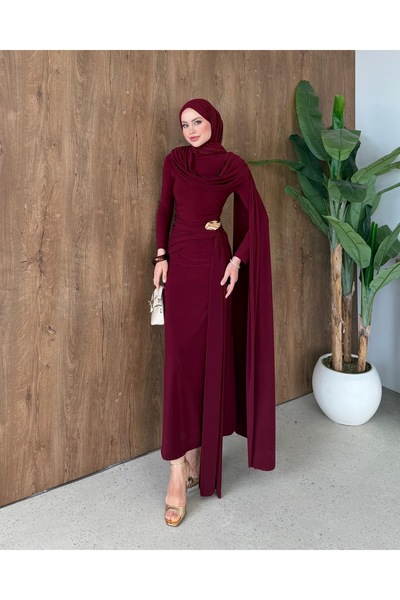 Adalenna Moda Tasarım Şal Detaylı Tokalı Sandy Şık Elbise