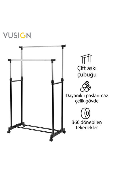 Vusign Çift Askılı Karbon Çelik Elbise Askısı Tekerlekli Askılık 160x43x80 cm...