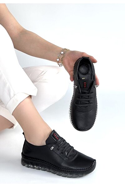 Erbilden Jiten Black Genuine Leather Lace-Up Sports Shoes