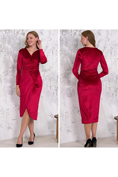 Efnaz style Women's velvet fabric v neck long sleeve midi length dress