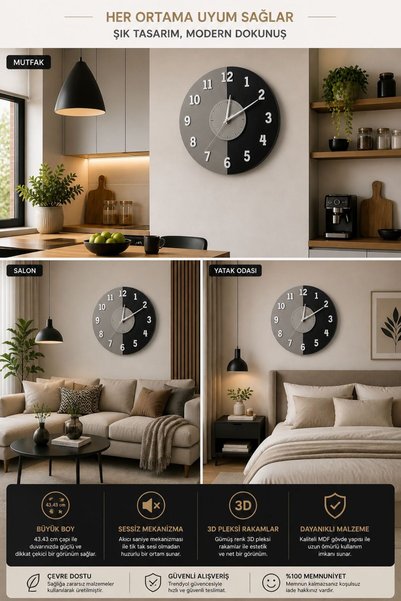 Nixar Desing Kronoform Modern Şık Ahşap Duvar Saati Dekoratif Sessiz Minimal Salon Mutfak Yatak Odası ve Ofis Saat