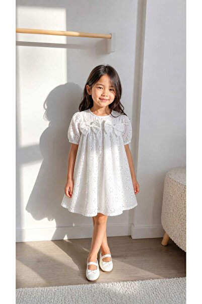 kidsense White Floral Embroidered Balloon Sleeve Bowknot Girl's Dress