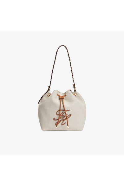 Tommy Hilfiger Women's Th Logo Motif Long Strap Linen Beige Shoulder Bag