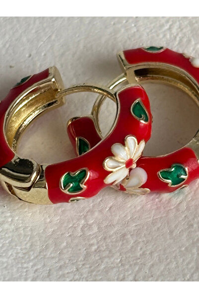 BHR AKSESUAR Red Flower Patterned Mini Hoop Earrings (2 cm)