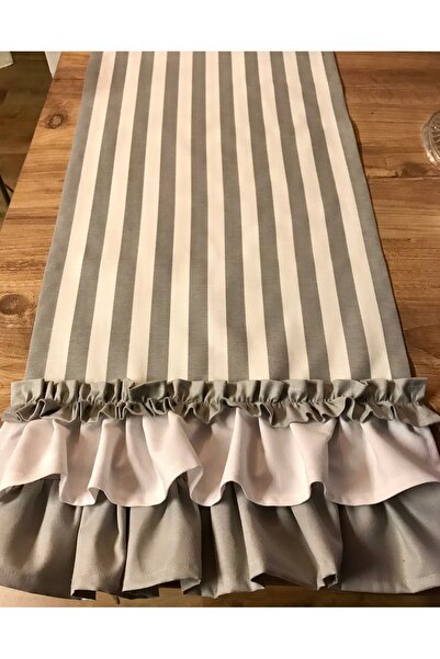 Dekorluk Concept Gri beyaz çizgili ve fırfırlı runner 130x40 cm