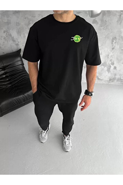 Efnaz style Unisex Crew Neck Printed Oversize T-Shirt - Black