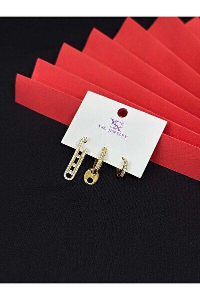 Melisa Takı & Aksesuar Ysx Jevelry Steel Gold Color 3-Piece Earrings