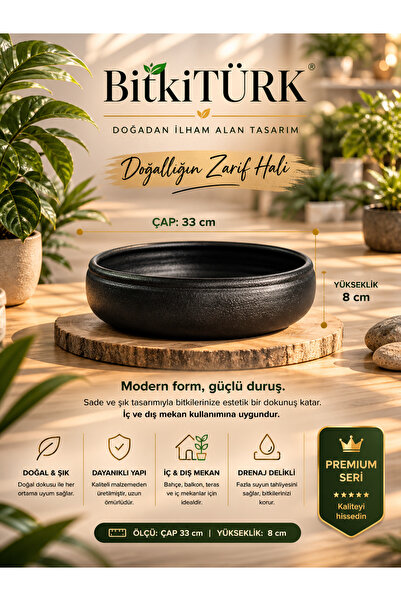 BitkiTÜRK Premium Beton Saksı Büyük Boy 33cm×8cm|BitkiTÜRK Özel Tasarım