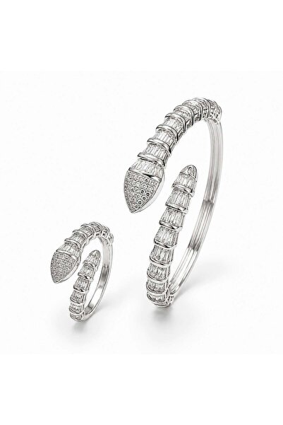 neslyaccessories Nesly serpent baguette stone silver color bracelet and ring set