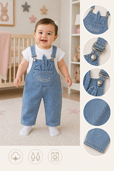 Baby Buu BAÇ- Tavşan Kulaklı detaylı ön cepli kot salopet takım 6-9/9-12/12-1...