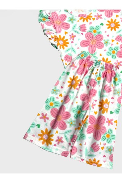 ALİŞ KİDS Girls Cotton White Pink Floral Patterned Ruffled Sleeves Short Sleeve Shorts Summer Pajama Set