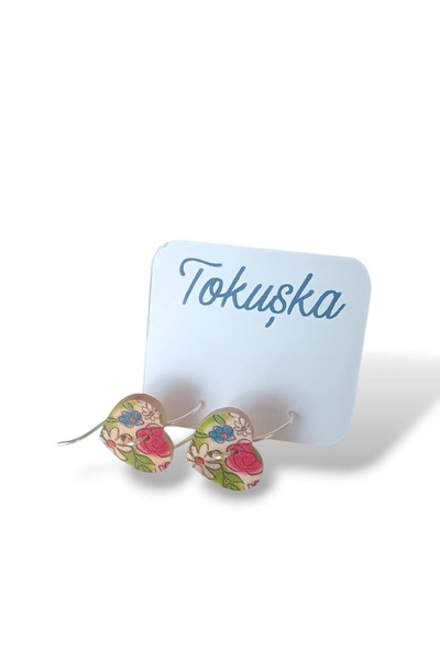 Tokuşka Wooden Heart Shaped Daisy Flower Pattern Printed Button Dangle Earrings