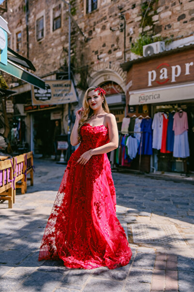 fevzuss Üç Boyutlu Çiçek İşlemeli Uzun Abiye