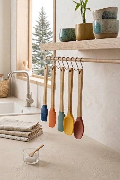 Kitchen Life 5'li Silikon ve Bambu Saplı Mutfak Gereçleri Seti-Spatula,Fırça ...
