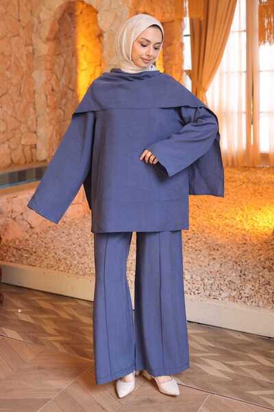 İmajButik Σετ παντελόνι με λεπτομέρεια σάλι Navy Blue