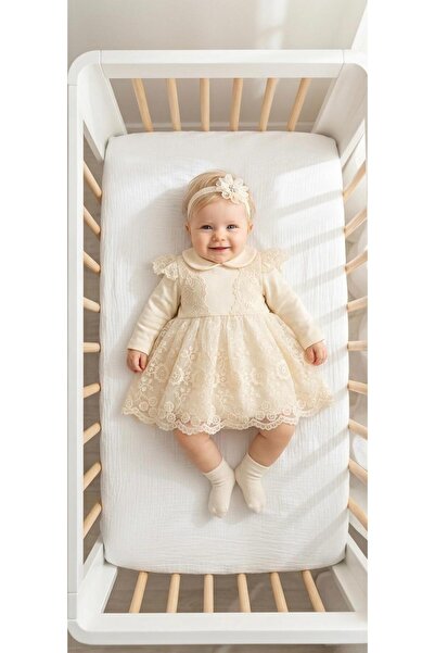 Miniday Baby Baby Girl Mevlütlük Dress with Bandana and Lace Newborn Hospital...
