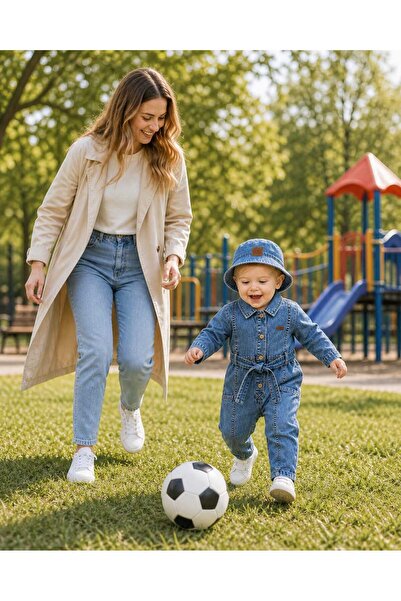 CROCODAYS Unisex Çocuk Bebek Kot (JEANS) Kuşaklı Şapkalı Tulum (6/9/12/18) Ay