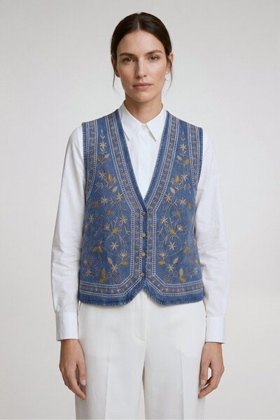 Saade Mavi Kadın V Yaka Çiçek Nakışlı Düğmeli Denim Yelek