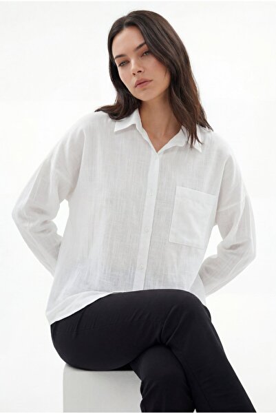 Lavix White Women's Flared Linen Shirt with Front Pockets, Oversize Comfortab...
