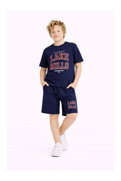 kidstalya Lake Mills Navy Blue Boys' Set with Lettered Shorts