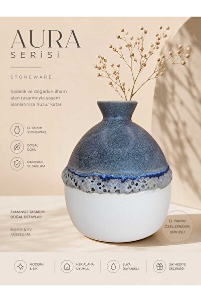 Aura Serisi Stoneware Dekoratif Vazo – El Yapımı Modern Seramik Ev & Banyo Aksesuarı