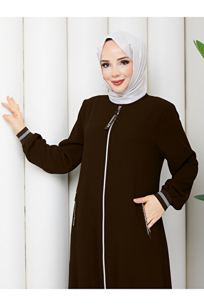 Efelif Kahverengi Fermuarlı Büyük Beden Biyeli Spor Ferace Mf-4009