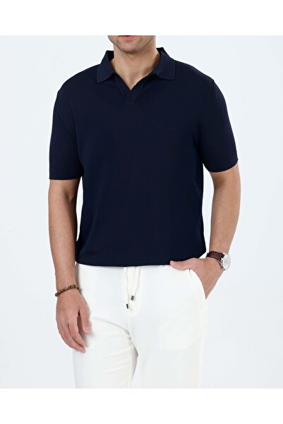 TerziAdemAltun Italian Style Slim Fit Polo Collar Knitwear T-Shirt Navy Blue ...