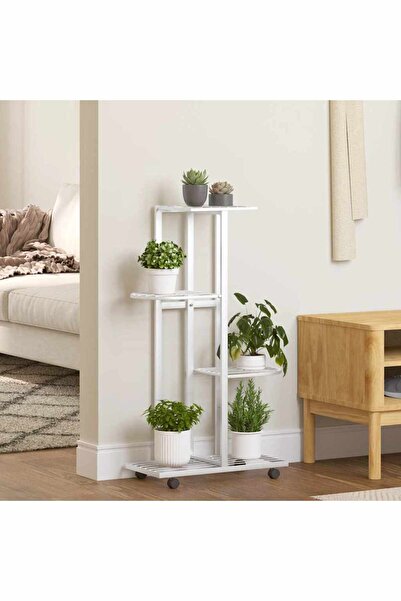 vidaxl Suport de flori cu 4 etaje, cu roti, alb, 44x23x80 cm, fier
