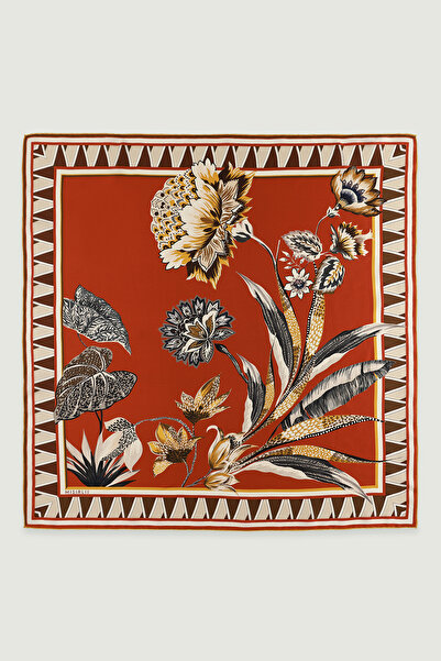 Triko Mısırlı Kiremit Vintage Floral Motifli İpek Eşarp