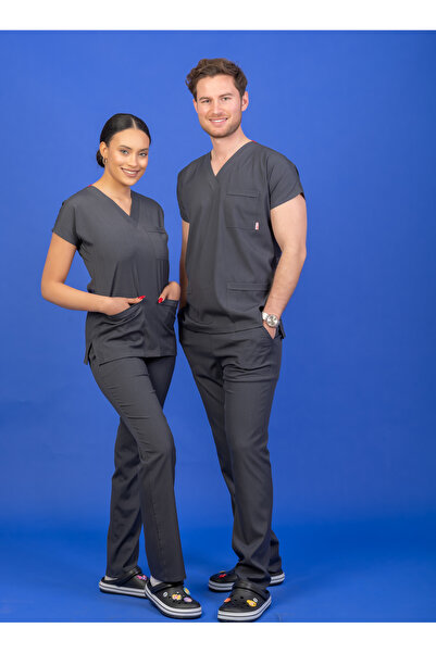 BAŞARAN UNİFORMA Tek Üst Unisex Kalıp Antrasit Likralı Hemşire / Doktor Forma...