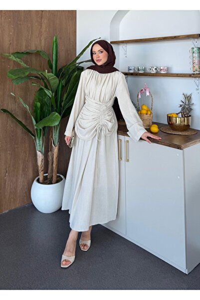 Adalenna Moda Yandan Büzgülü Ham Keten Elbise