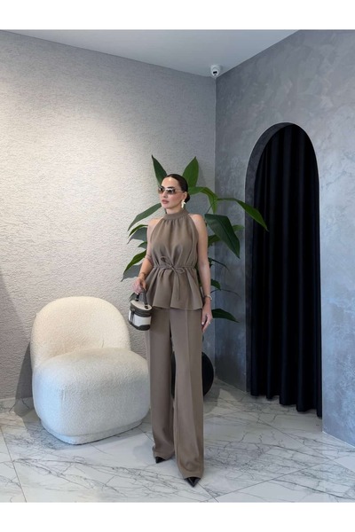 bymervedarende Halter Yaka Bağlama Detaylı Bluz Pantolon Takım