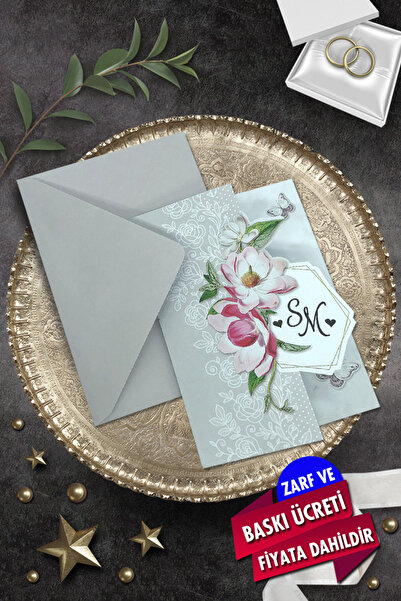 Cem Davetiye Düğün Nişan Nikah Kına Davetiyesi 9015 (100 ADET) Baskı Dahil