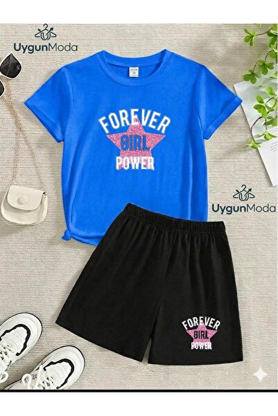 UygunModa Play Girl Star Printed T-Shirt Shorts Summer Children's Set