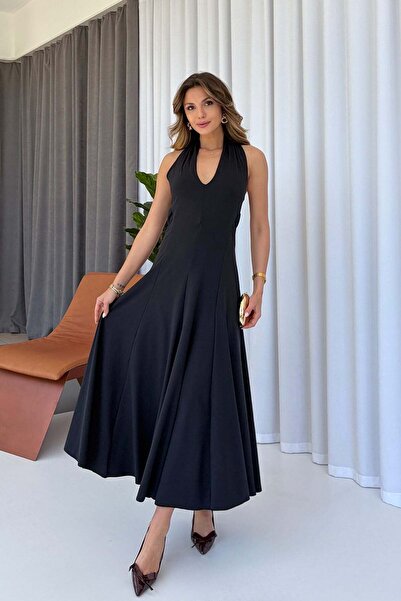 Mine Tan Butik Rochie din țesătură Diver cu detaliu la gât - Negru