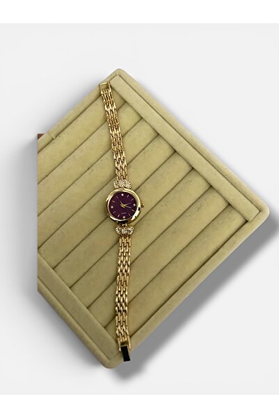 Laquila Jewellery Gold Bordo Kadran Saat Zirkon Taşlı