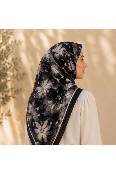 Êtoile Black and White Color Floral Patterned Cotton Soft Square Scarf Nazend...