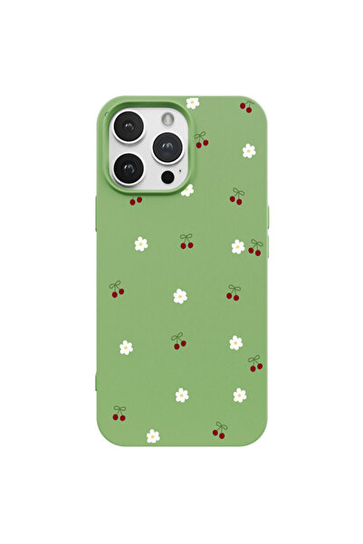 Casen iPhone 16 Pro Max Yeşil Lansman Renkli Silikon Kiraz ve Çiçek Desenli K...
