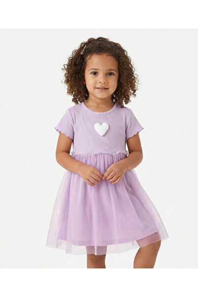 Bonfino 100% Cotton Ribbed Heart Applique Mesh Dress - Lilac