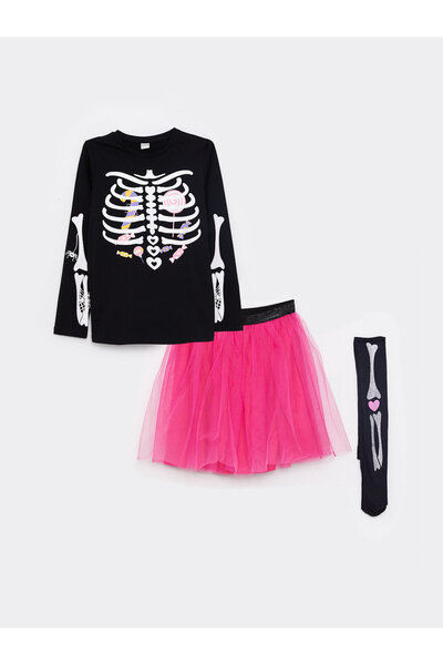 LC Waikiki Crew Neck Printed Long Sleeve Girls T-Shirt Skirt and Socks